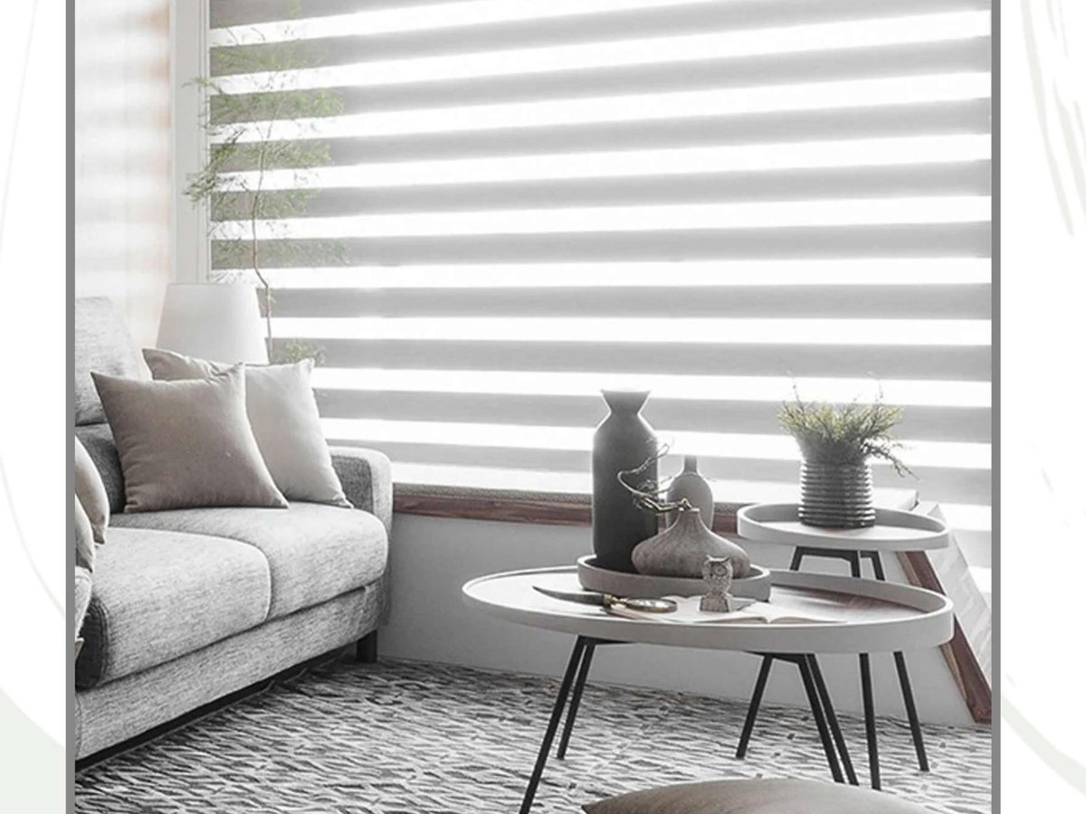 Evercurtain zebra shades installed in a contemporary living room